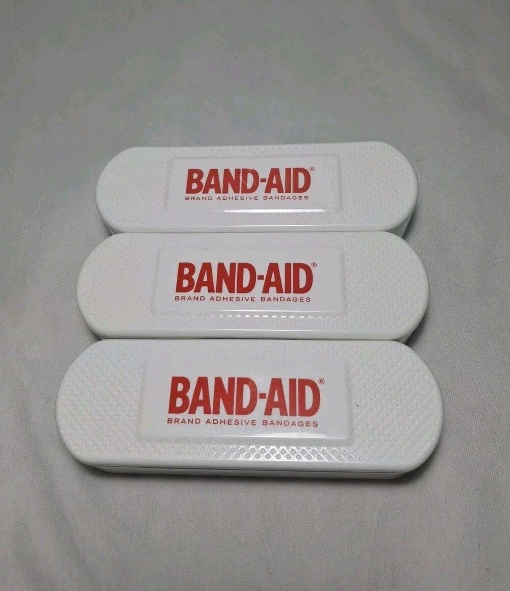 3 Band-Aid White Plastic Container Box Hinged Lids Red Logo 8.5x2x2.75